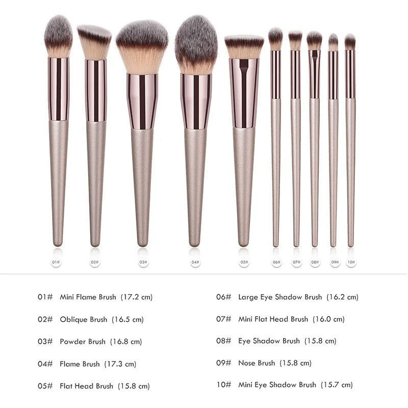 Hot Champagne Makeup Brush Set – 10pcs Beauty Tools